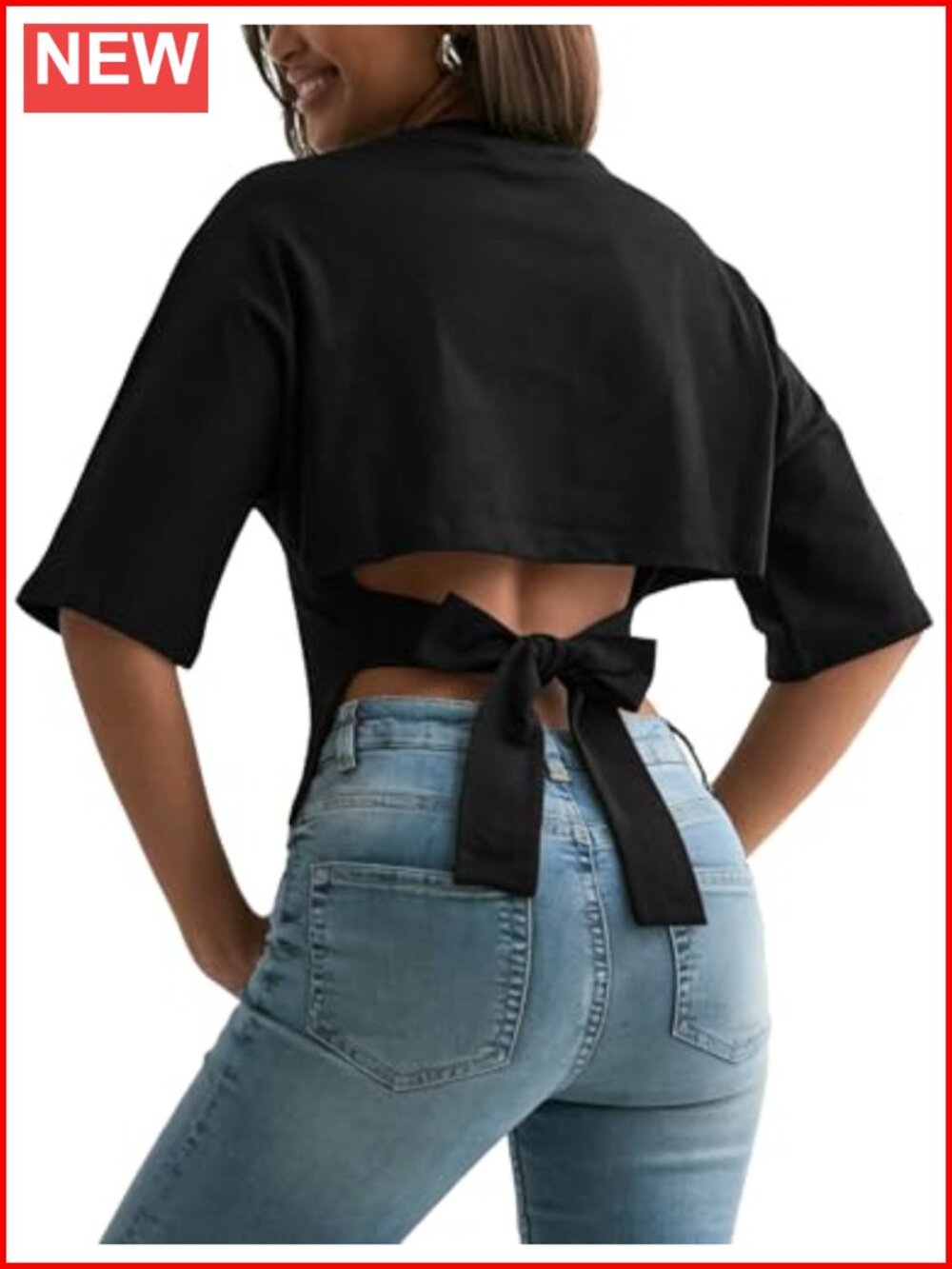 Womens Cotton Blend Crop Top Tie Back Open Back Half Sleeve Y2K Tee
